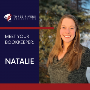 Photo of Natalie Paris of Three Rivers Bookkeeping with her logo and "Meet your bookkeeper."